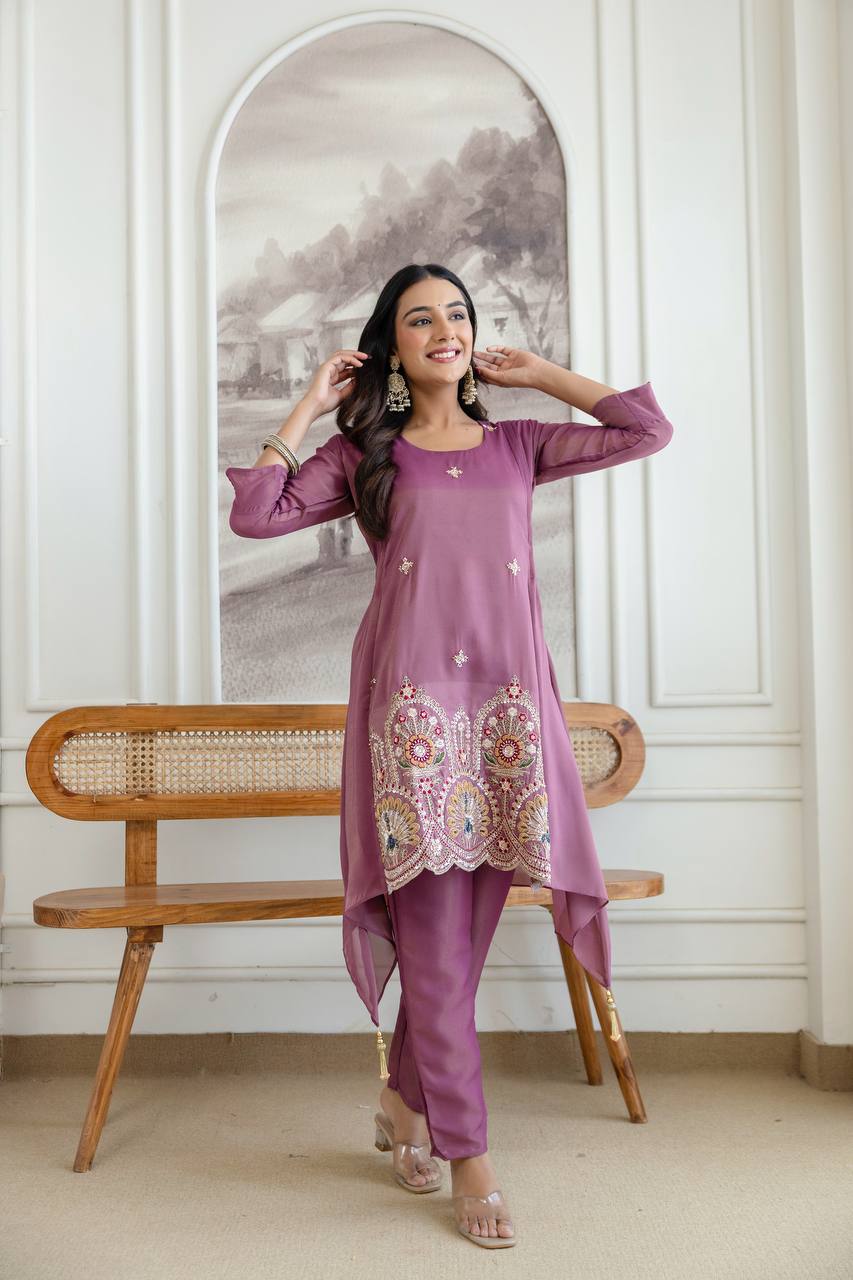 Mauve Art Silk Asymmetric Kurta Set with Peacock Embroidery