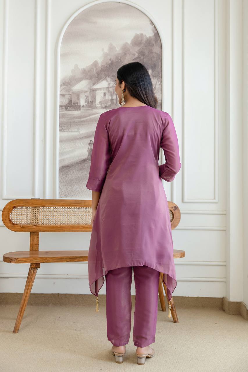 Mauve Art Silk Asymmetric Kurta Set with Peacock Embroidery