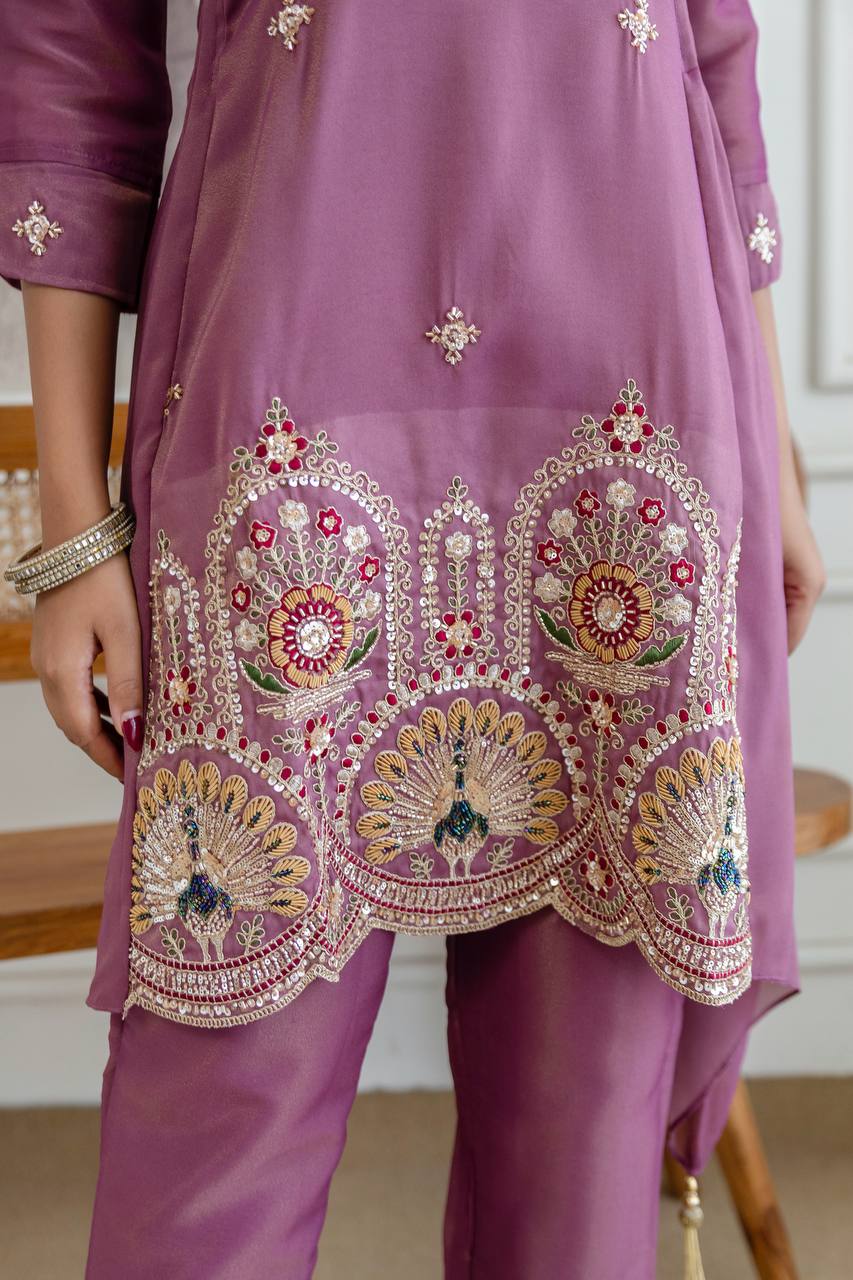 Mauve Art Silk Asymmetric Kurta Set with Peacock Embroidery