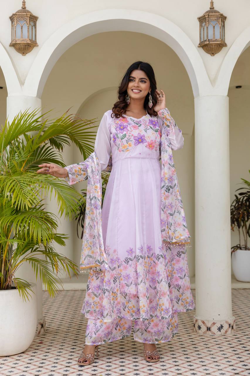 Lilac Bloom Organza Anarkali Set with Hand-Painted Floral Motifs