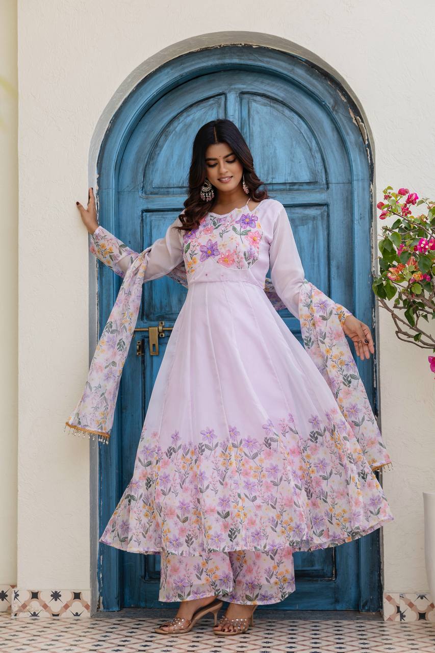 Lilac Bloom Organza Anarkali Set with Hand-Painted Floral Motifs