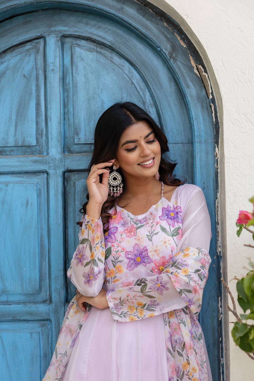 Lilac Bloom Organza Anarkali Set with Hand-Painted Floral Motifs