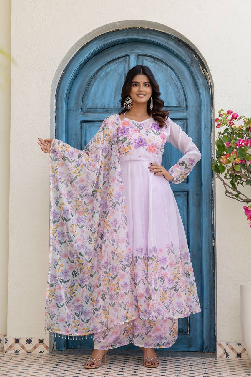Lilac Bloom Organza Anarkali Set with Hand-Painted Floral Motifs