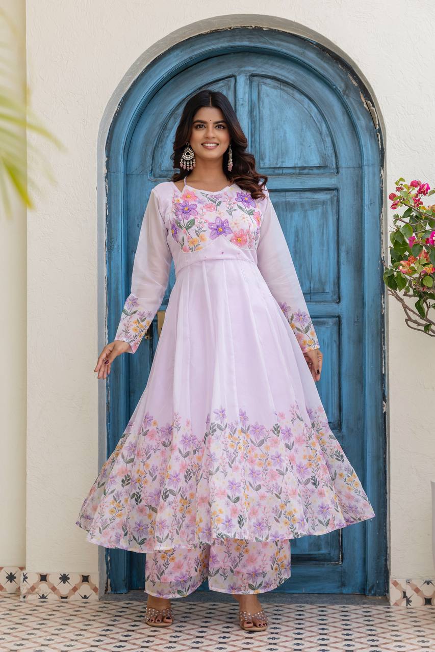 Lilac Bloom Organza Anarkali Set with Hand-Painted Floral Motifs