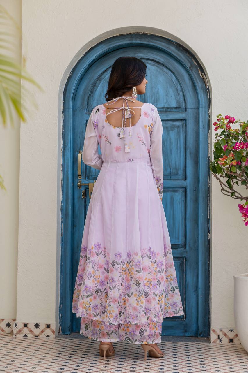 Lilac Bloom Organza Anarkali Set with Hand-Painted Floral Motifs