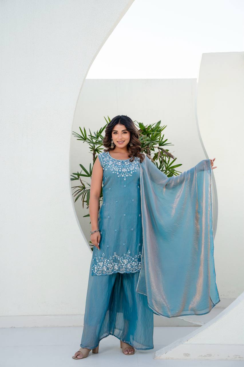 Blue Art Silk Embroidered Kurta & Sharara Set with Scalloped Dupatta