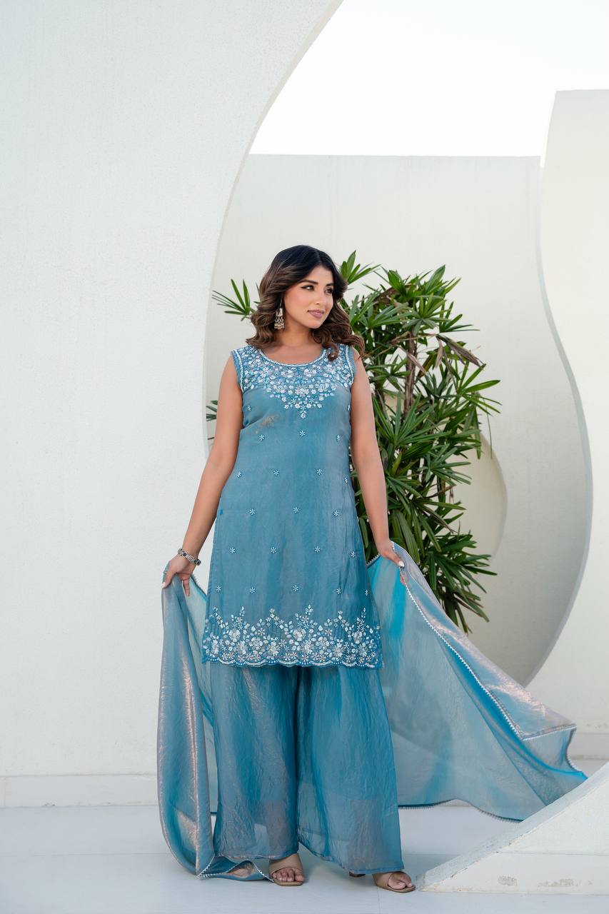Blue Art Silk Embroidered Kurta & Sharara Set with Scalloped Dupatta