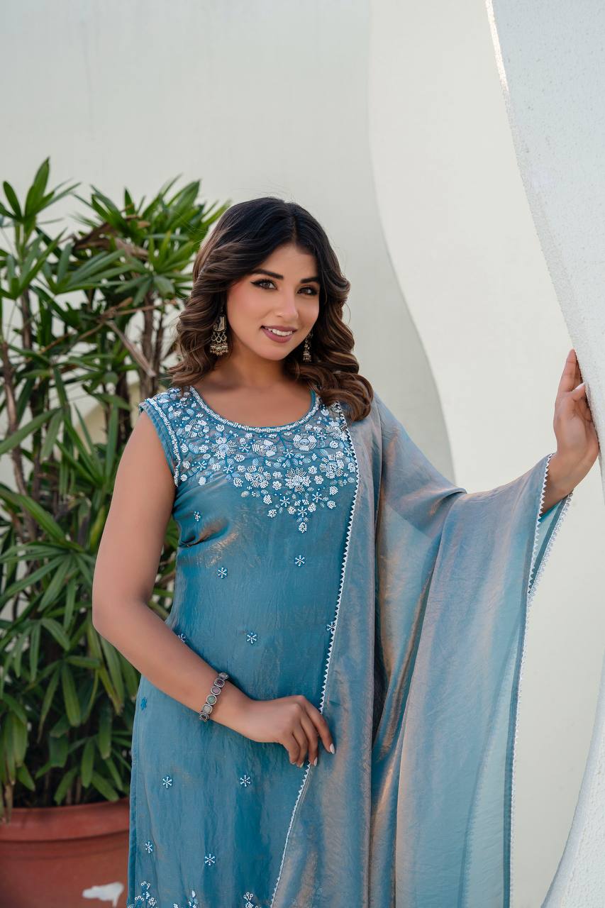 Blue Art Silk Embroidered Kurta & Sharara Set with Scalloped Dupatta