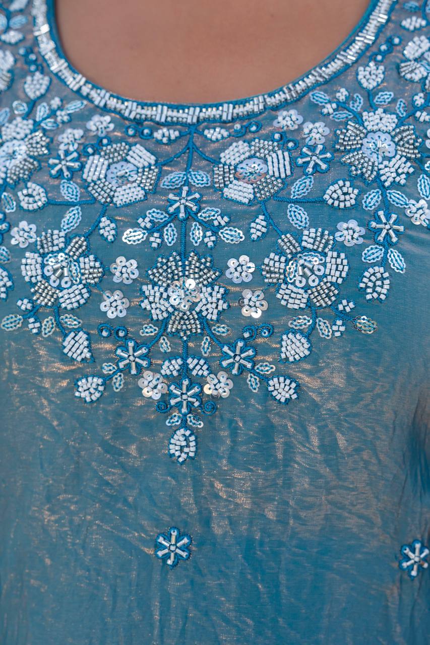 Blue Art Silk Embroidered Kurta & Sharara Set with Scalloped Dupatta