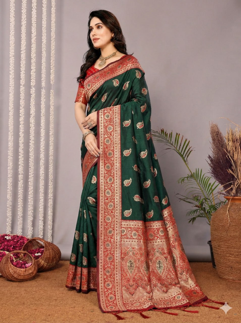 Forest Green Banarasi Silk Saree with Ornate Red Brocade Border