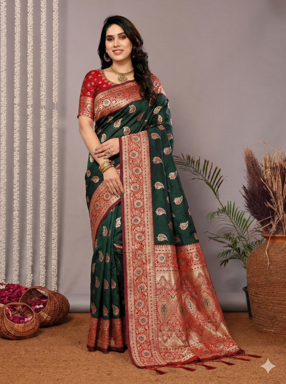 Forest Green Banarasi Silk Saree with Ornate Red Brocade Border