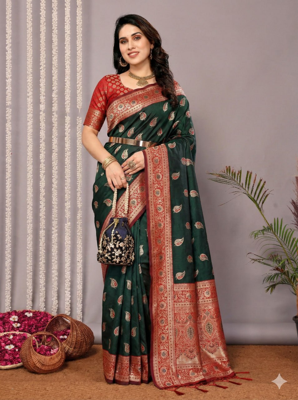 Forest Green Banarasi Silk Saree with Ornate Red Brocade Border