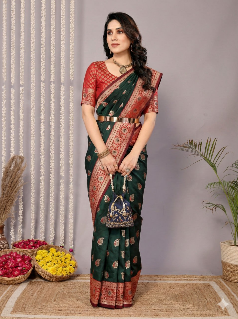 Forest Green Banarasi Silk Saree with Ornate Red Brocade Border