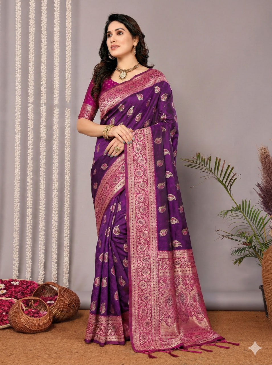 Royal Purple & Magenta Pink Silk Saree with Antique Silver Zari