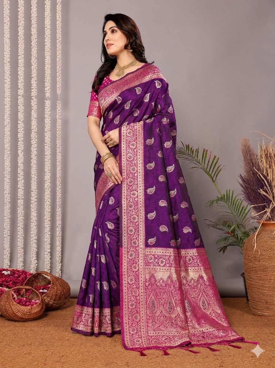 Royal Purple & Magenta Pink Silk Saree with Antique Silver Zari