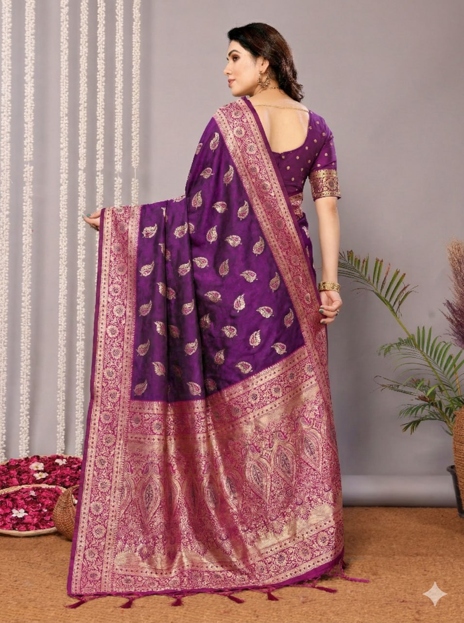 Royal Purple & Magenta Pink Silk Saree with Antique Silver Zari