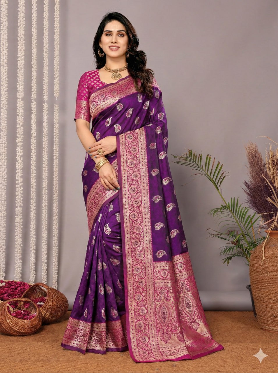Royal Purple & Magenta Pink Silk Saree with Antique Silver Zari