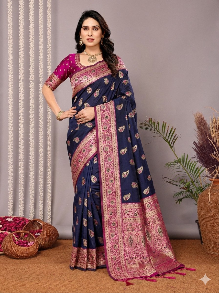 Classic Navy Blue Banarasi Silk Saree Featuring Intricate Gold & Magenta Weaving