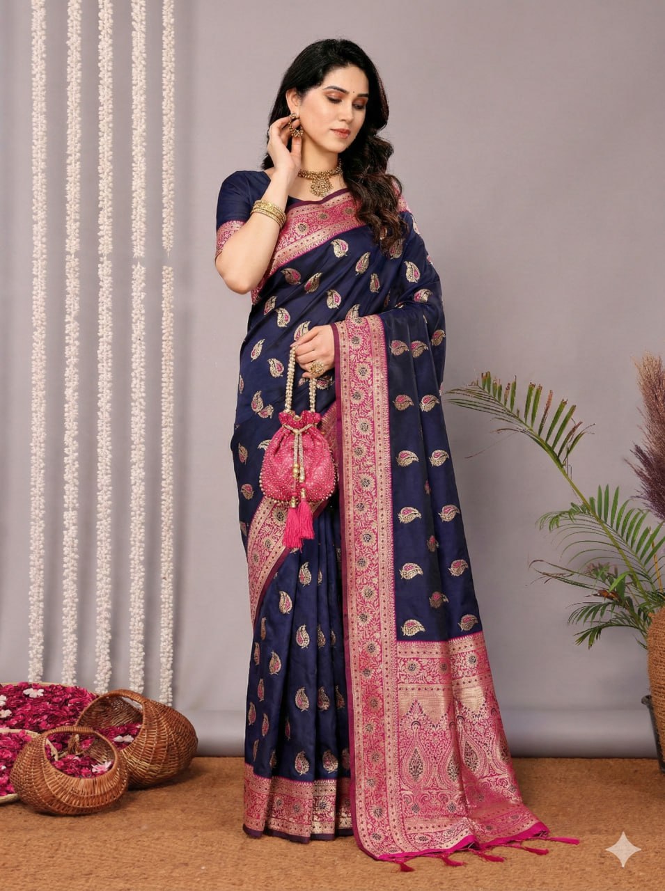 Classic Navy Blue Banarasi Silk Saree Featuring Intricate Gold & Magenta Weaving