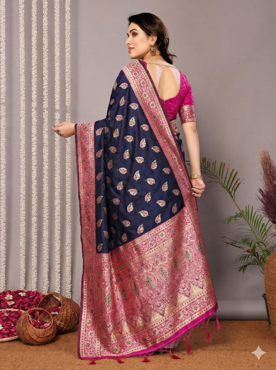Classic Navy Blue Banarasi Silk Saree Featuring Intricate Gold & Magenta Weaving