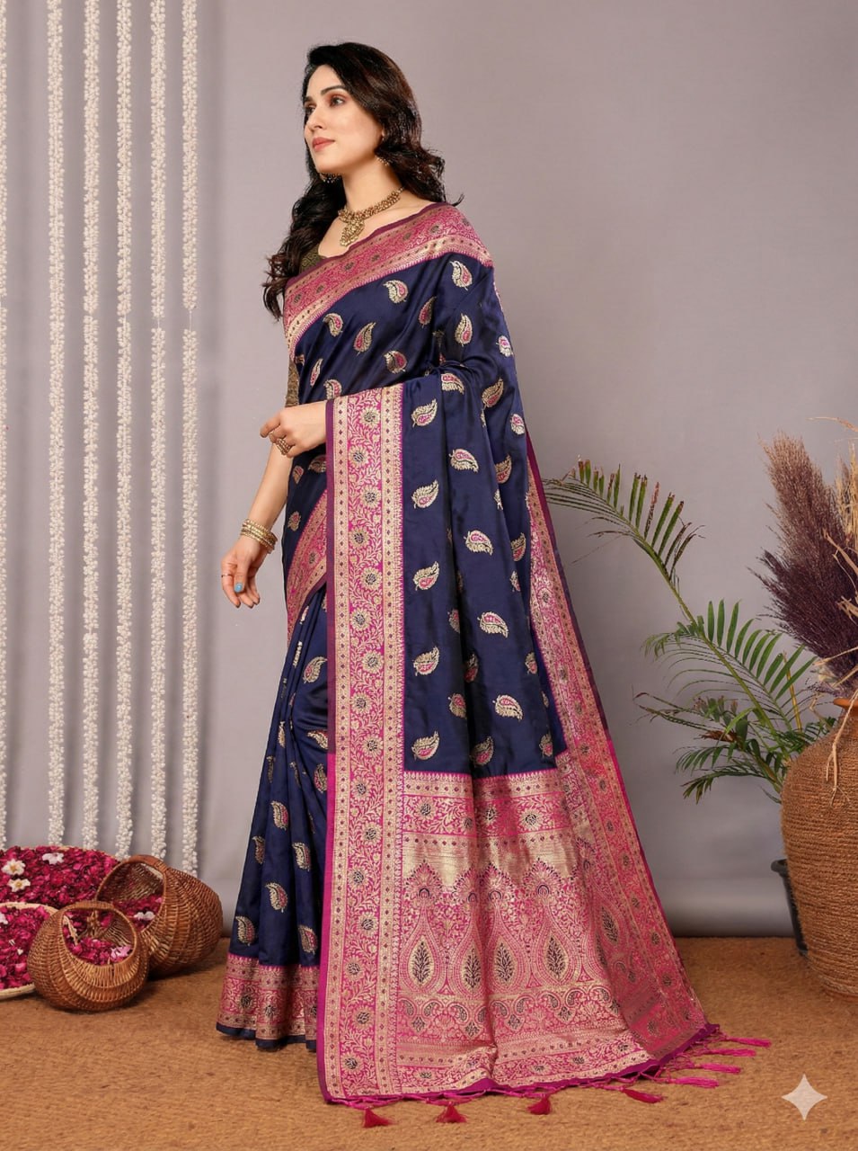 Classic Navy Blue Banarasi Silk Saree Featuring Intricate Gold & Magenta Weaving