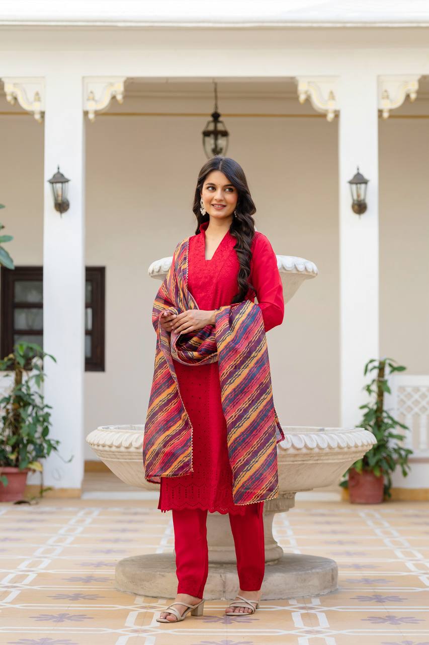 Cherry Red Chikankari Inspired Cotton Suit Set with Multi-Hue Leheriya Dupatta