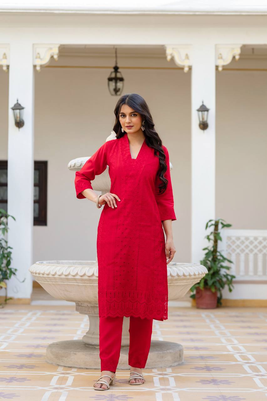 Cherry Red Chikankari Inspired Cotton Suit Set with Multi-Hue Leheriya Dupatta