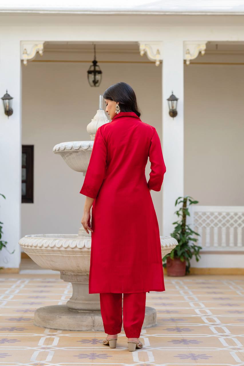 Cherry Red Chikankari Inspired Cotton Suit Set with Multi-Hue Leheriya Dupatta