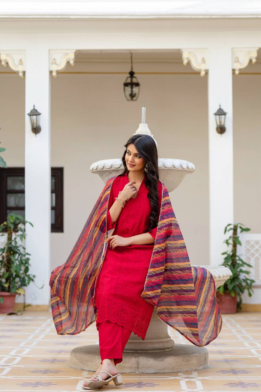 Cherry Red Chikankari Inspired Cotton Suit Set with Multi-Hue Leheriya Dupatta