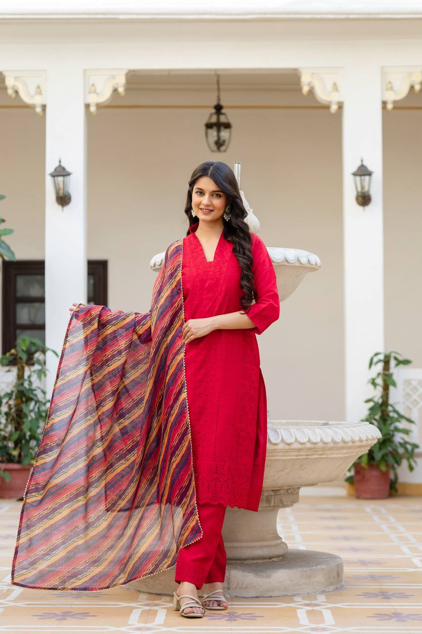 Cherry Red Chikankari Inspired Cotton Suit Set with Multi-Hue Leheriya Dupatta