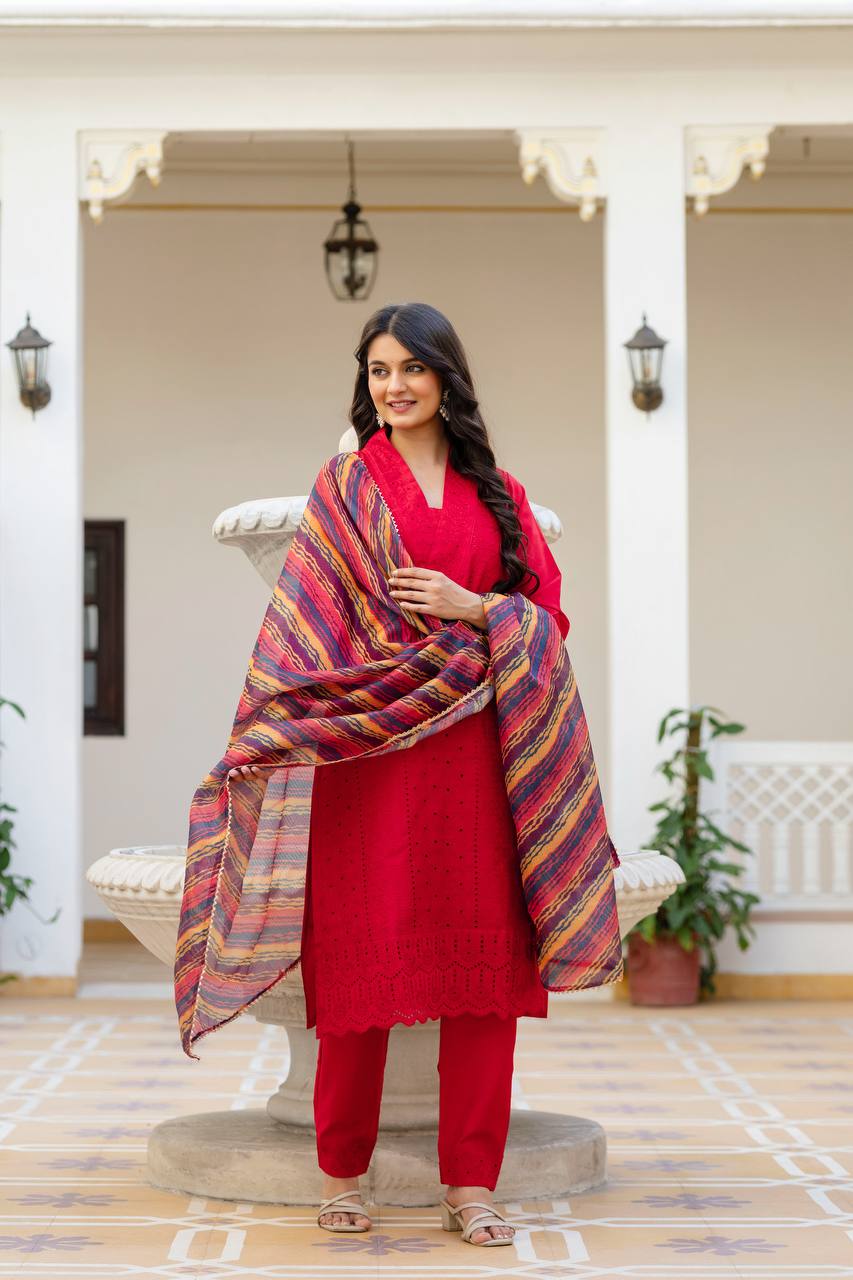 Cherry Red Chikankari Inspired Cotton Suit Set with Multi-Hue Leheriya Dupatta