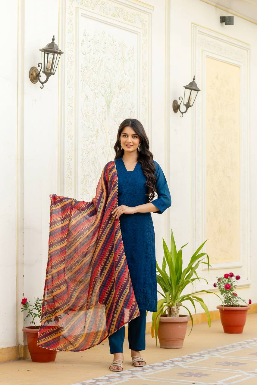 Teal Chikankari Inspired Cotton Suit Set with Multi-Hue Leheriya Dupatta