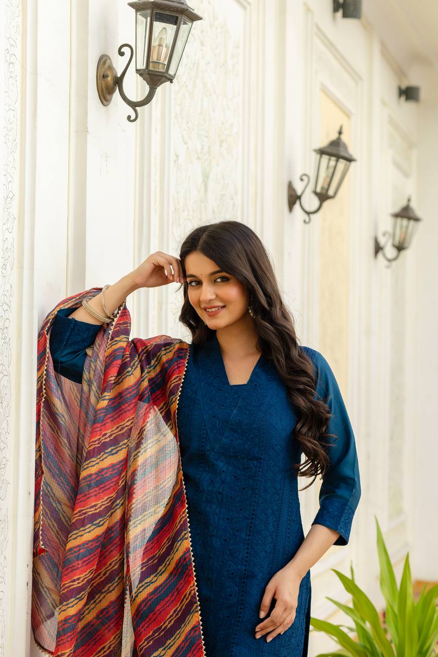 Teal Chikankari Inspired Cotton Suit Set with Multi-Hue Leheriya Dupatta