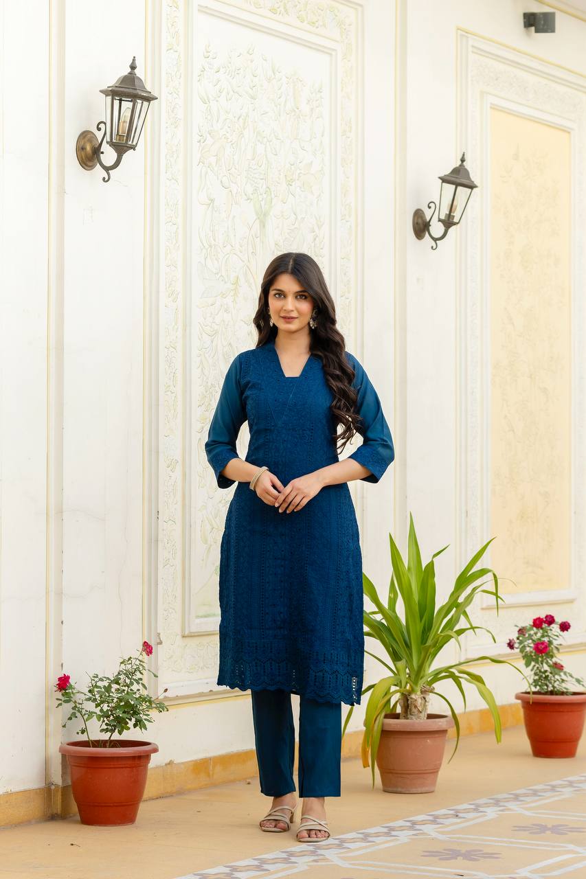 Teal Chikankari Inspired Cotton Suit Set with Multi-Hue Leheriya Dupatta
