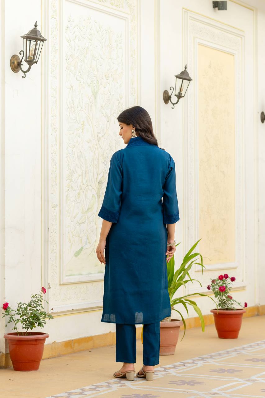 Teal Chikankari Inspired Cotton Suit Set with Multi-Hue Leheriya Dupatta