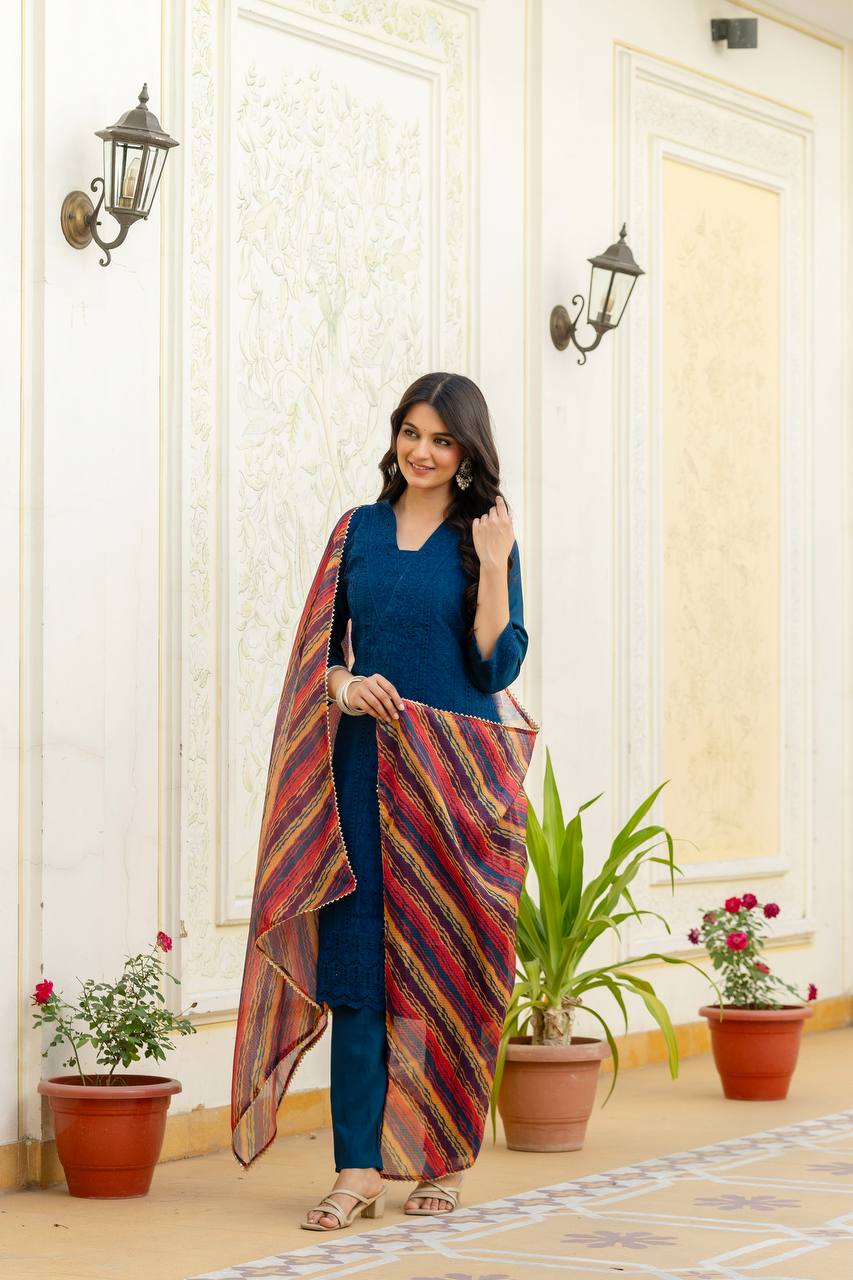 Teal Chikankari Inspired Cotton Suit Set with Multi-Hue Leheriya Dupatta