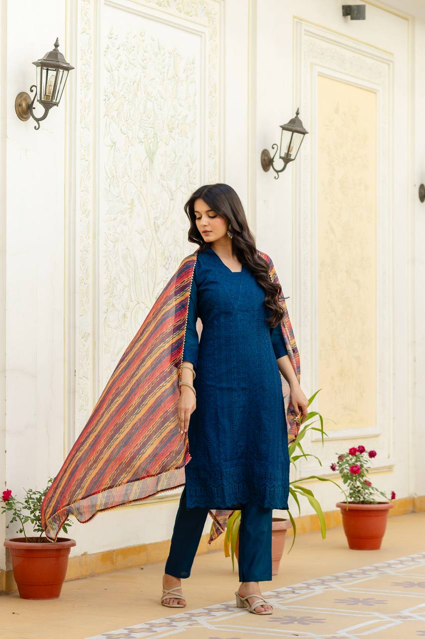 Teal Chikankari Inspired Cotton Suit Set with Multi-Hue Leheriya Dupatta