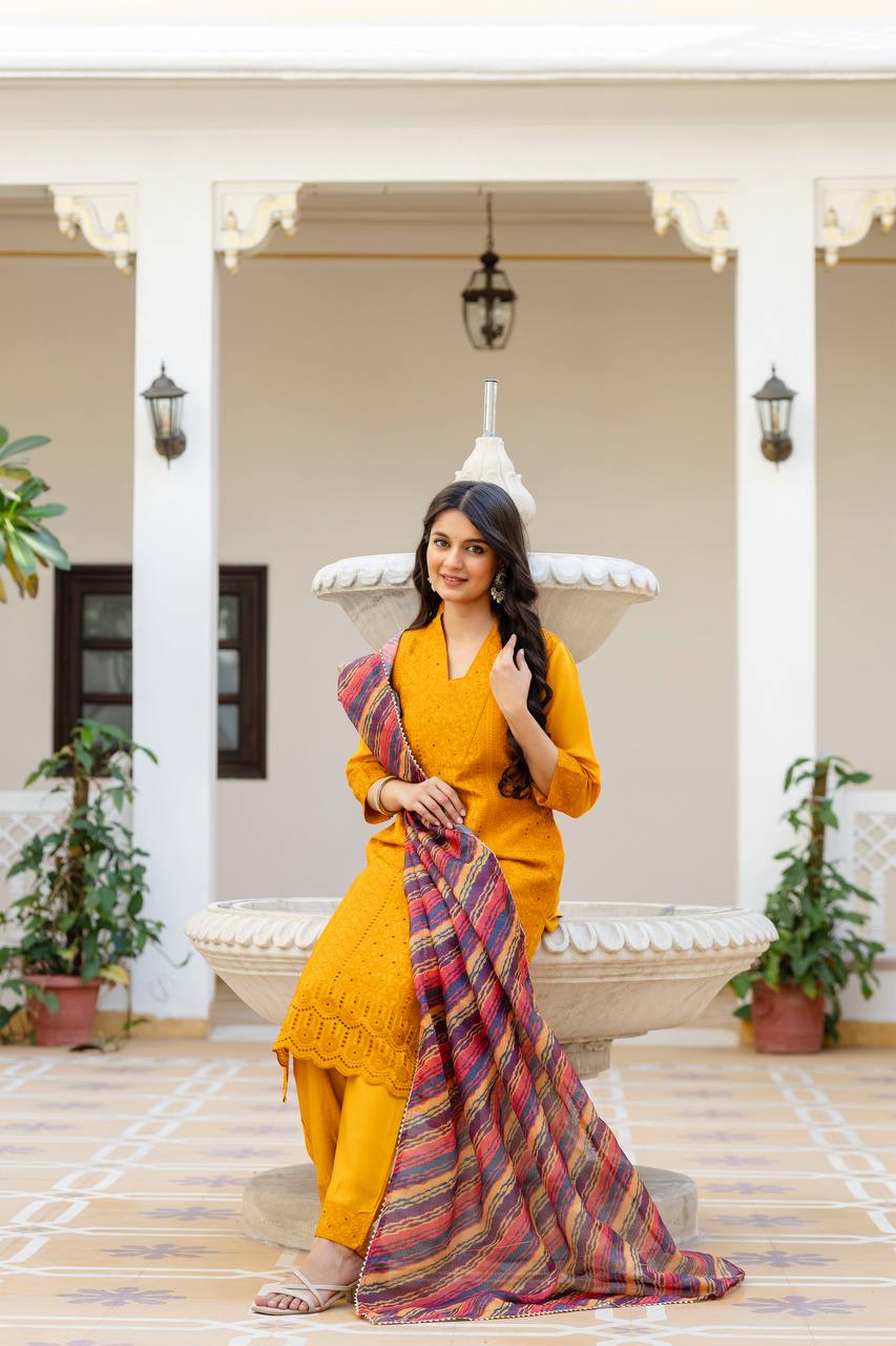 Mustard Chikankari Inspired Cotton Suit Set with Multi-Hue Leheriya Dupatta
