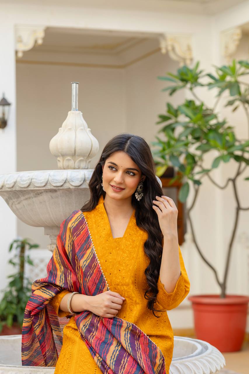 Mustard Chikankari Inspired Cotton Suit Set with Multi-Hue Leheriya Dupatta