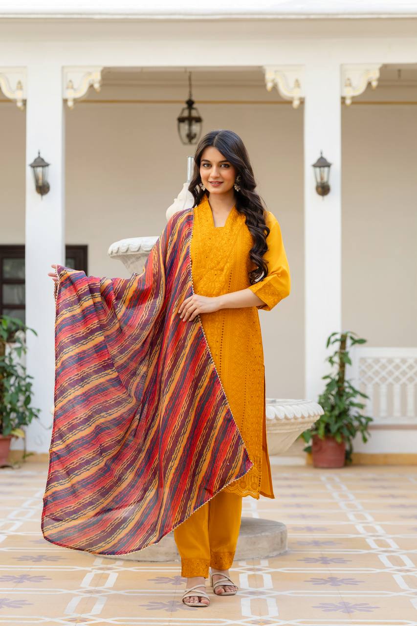 Mustard Chikankari Inspired Cotton Suit Set with Multi-Hue Leheriya Dupatta