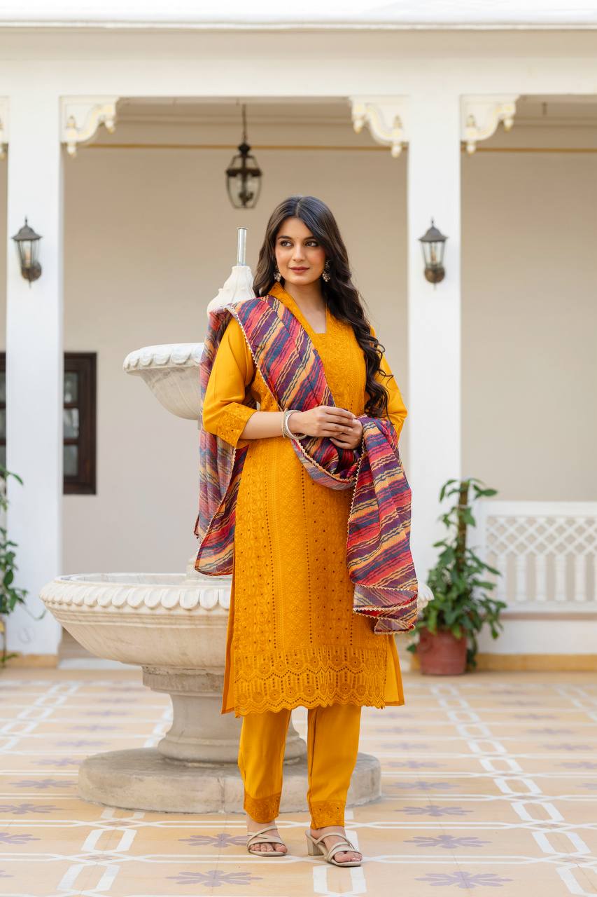 Mustard Chikankari Inspired Cotton Suit Set with Multi-Hue Leheriya Dupatta