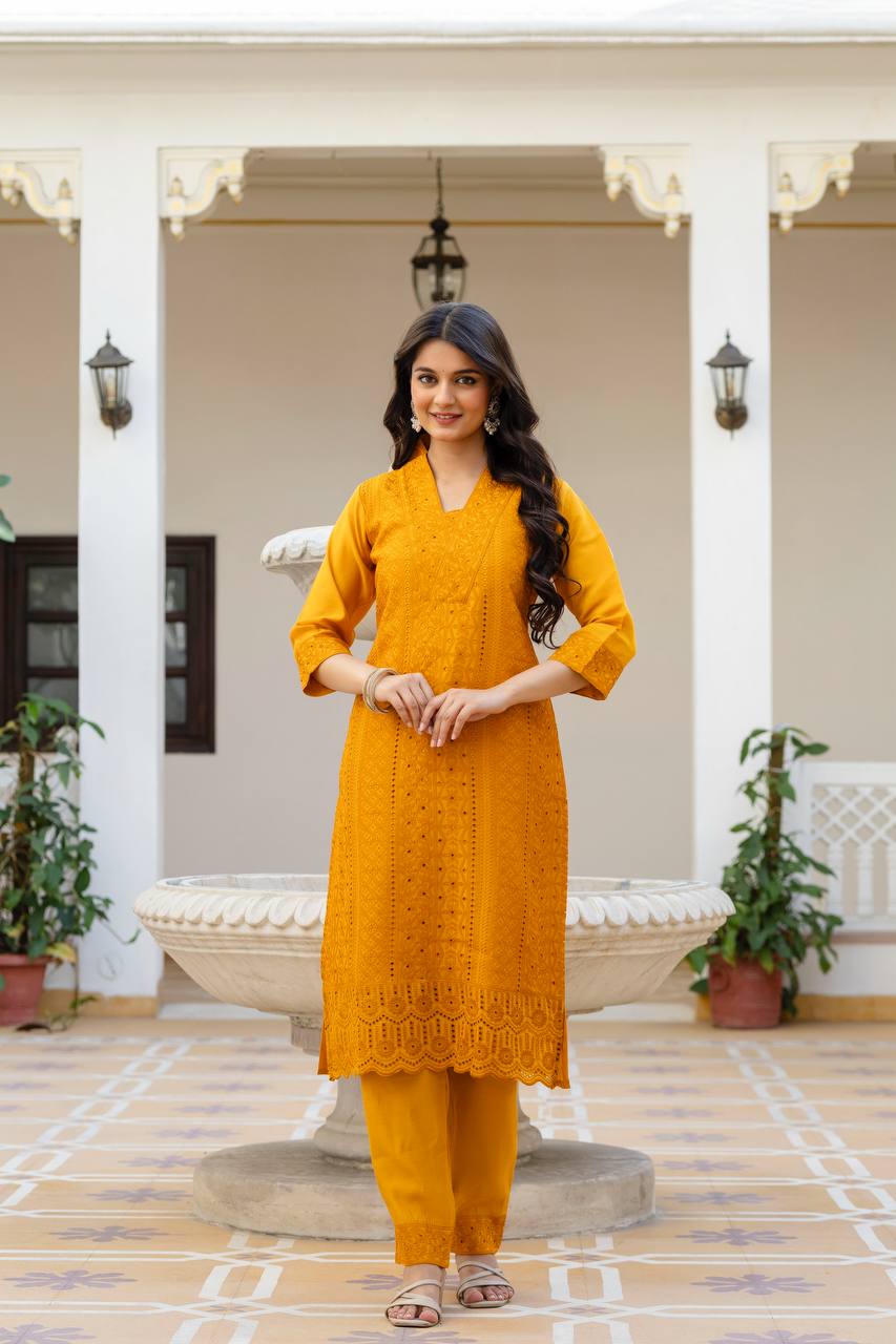 Mustard Chikankari Inspired Cotton Suit Set with Multi-Hue Leheriya Dupatta