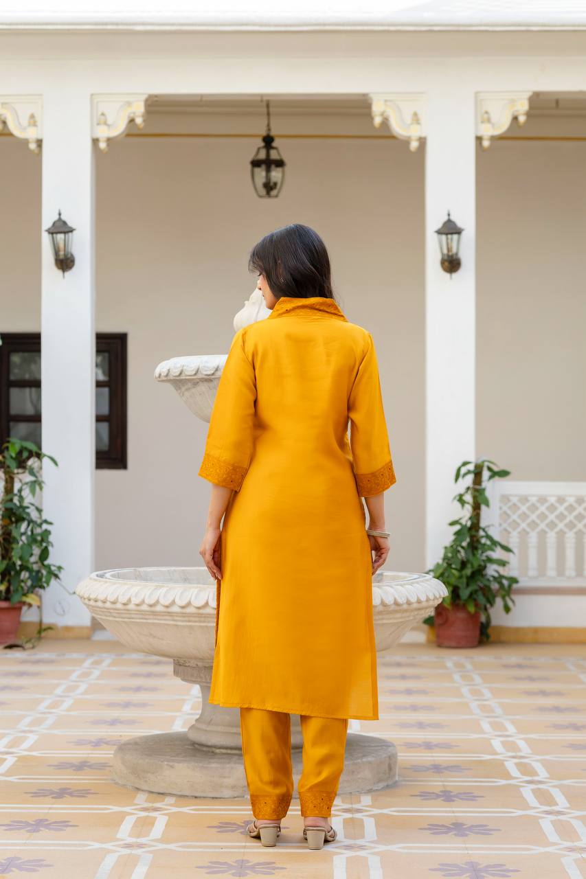 Mustard Chikankari Inspired Cotton Suit Set with Multi-Hue Leheriya Dupatta