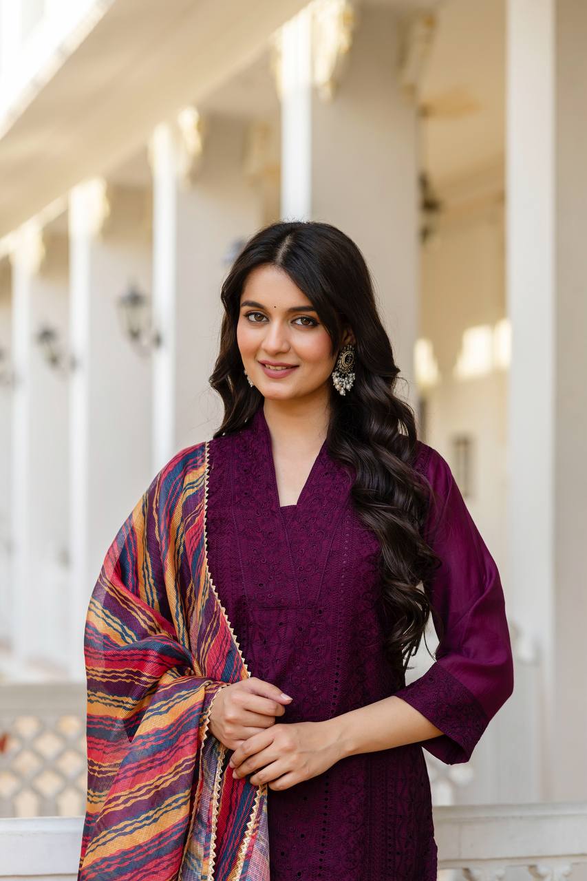 Wine Embroidered Cotton Suit Set with Vibrant Striped Dupatta
