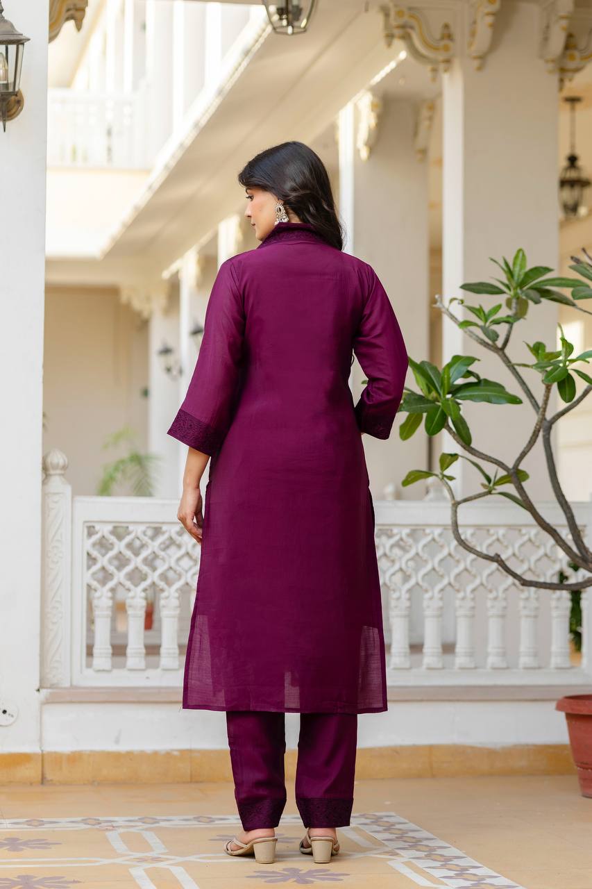 Wine Embroidered Cotton Suit Set with Vibrant Striped Dupatta