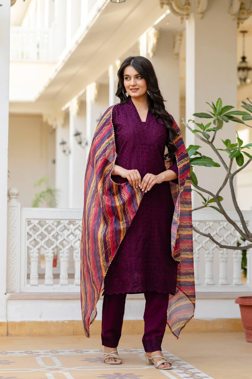Wine Embroidered Cotton Suit Set with Vibrant Striped Dupatta