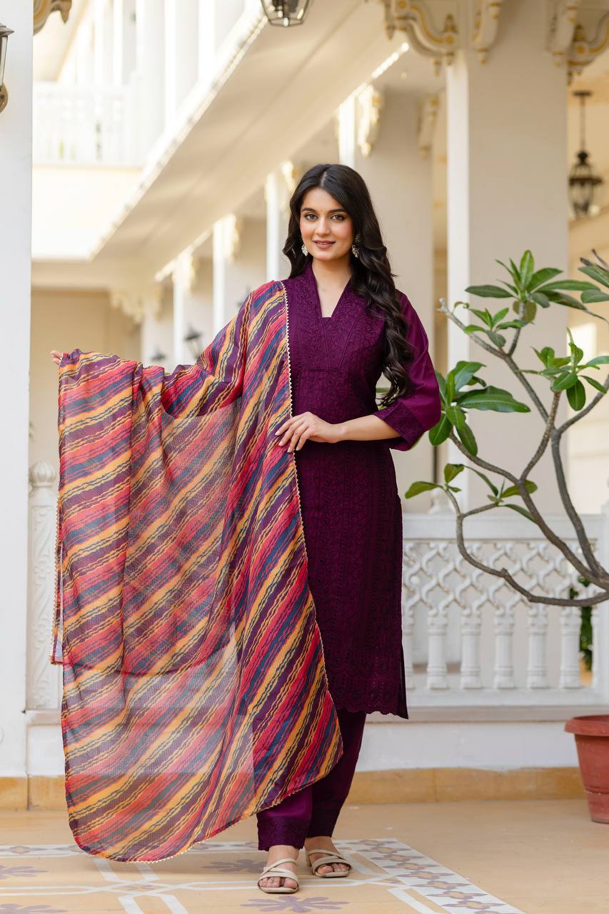 Wine Embroidered Cotton Suit Set with Vibrant Striped Dupatta