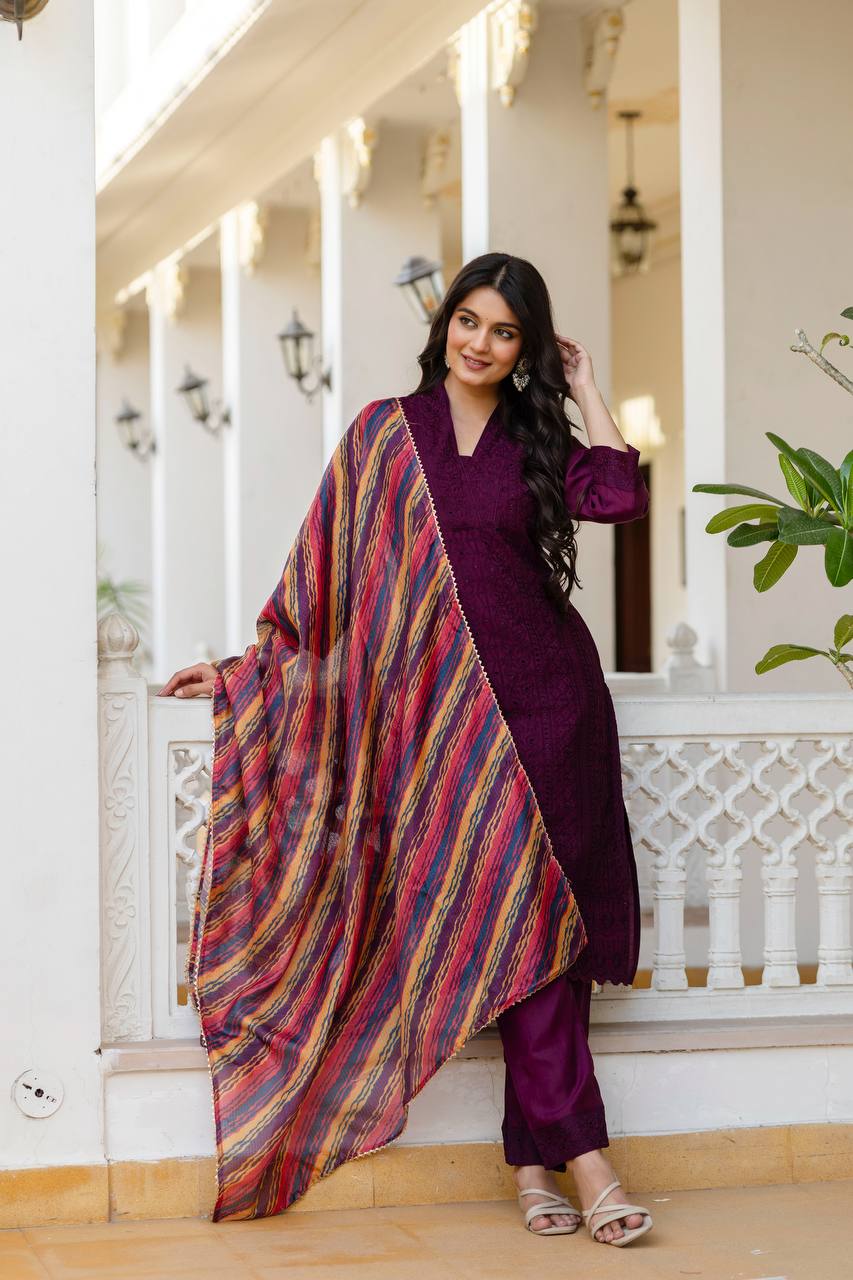 Wine Embroidered Cotton Suit Set with Vibrant Striped Dupatta