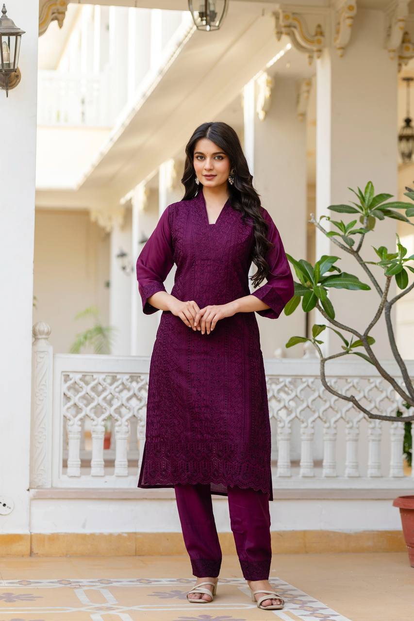 Wine Embroidered Cotton Suit Set with Vibrant Striped Dupatta