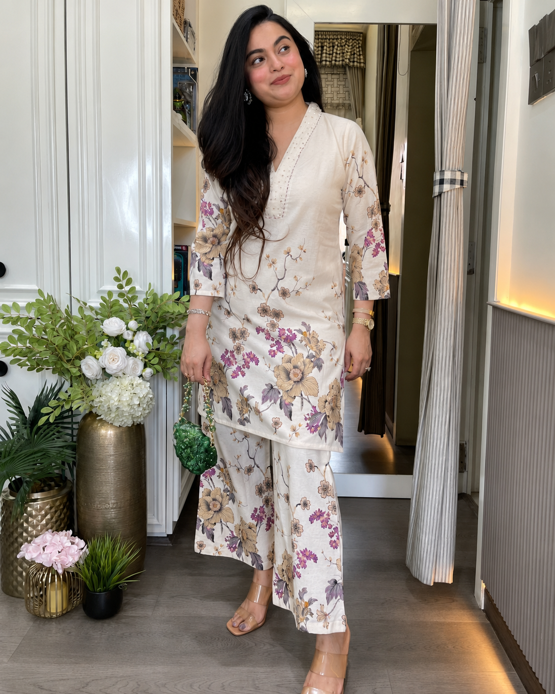 Pure Linen Cotton Floral Printed Kurta Set for Women – Cream Elegance